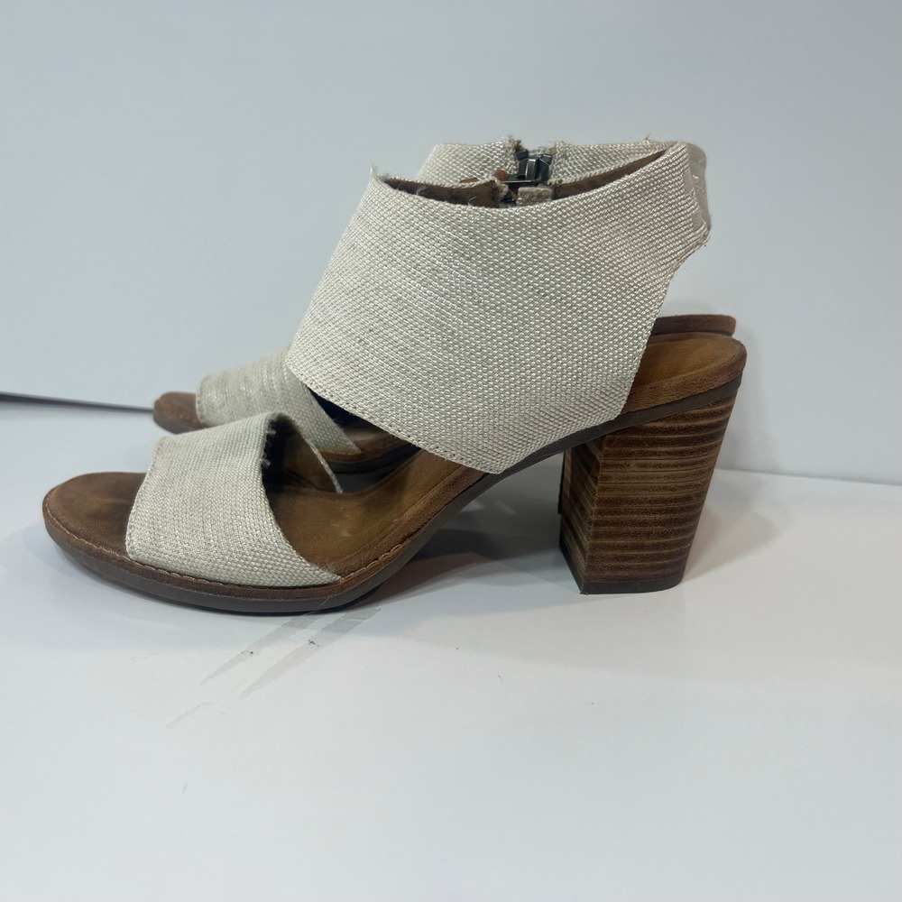 TOMS Majorca Cream Canvas 3" Block Heel Cut-Out Sandals Booties Size 9 - Picture 2 of 6